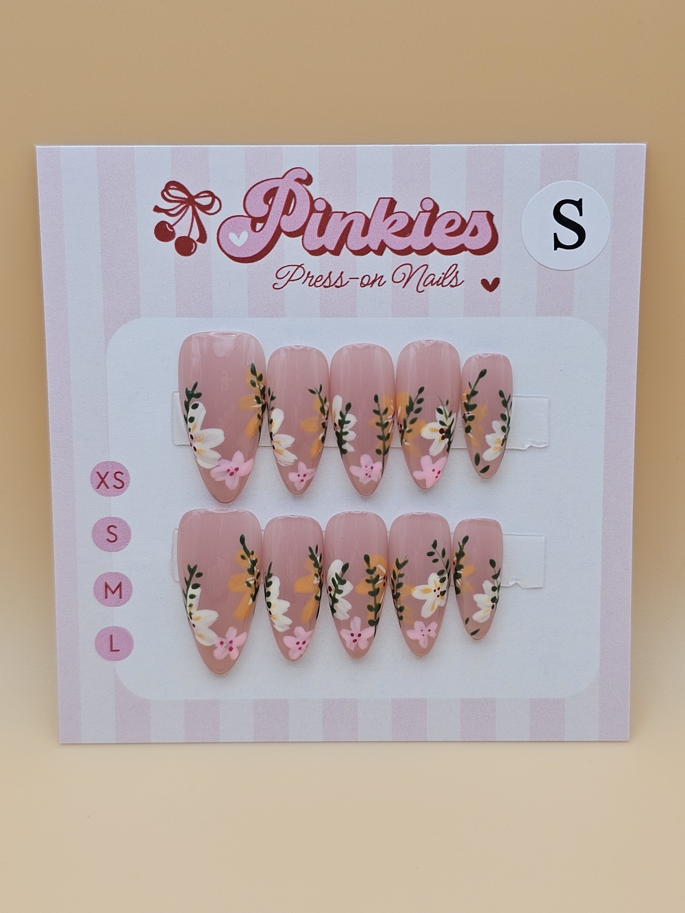 Press-on Nails Set 10pc Size S Almond Nude Floral Plants Orange Pink Green White